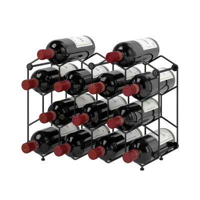 Produktbild von Weinregal für 13 Flaschen Flaschenregal mit Wabendesign Verstellbaren Füßen Kippschutz Metall 43 x 15,5 x 31 cm Schwarz