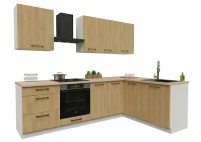 Produktbild von Eckküche - 260x170 cm - Hicora-Eiche - 8 Küchenschränke - mit beigem Arbeitsplatte - moderne Küchenmöbel-Set - Küchenblock - BONO