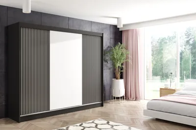 Produktbild von ALTDECOR Kleiderschrank mit Lamel-Schiebetüren, kugelgelagerte Führungsschienen und Aluminium-Leisten - VILO - 250 cm - Schwarz/Lamelle Schwarz