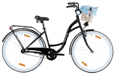 Zdjęcie produktu dla Goetze Style 28" – rower miejski z niską ramą 46 cm, 1-biegowy, hamulec torpedo z tyłu, V-Brake z przodu, oświetlenie LED, kosz rattanowy z wyściółką