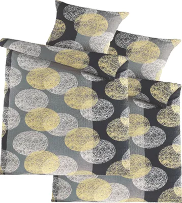 Produktbild von 4-tlg. Seersucker Bettwäsche 2x (135x200 +80x80cm), grau schwarz gelb, Punkte/Kreise, bügelfrei