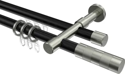 Produktbild von Interdeco Rundrohr-Innenlaufstange / Gardinenstange (Kombination) Schwarz / Edelstahl-Optik, Typ Prestige Mavell (Zylinder Bicolor), 20 mm Ø 2-läufig, 420 cm
