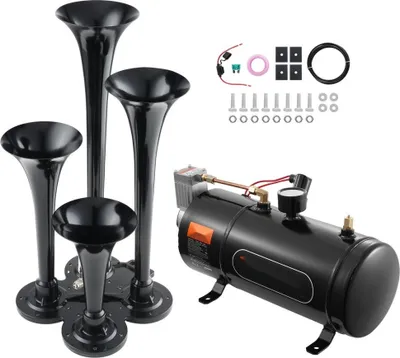 Immagine prodotto di Set di trombe da treno - set di 4 trombe ad aria compressa - trombe da treno da 150 dB per camioncini - compressore d'aria da 12 V 120 psi - serbatoio da 3 L con manometro per qualsiasi veicolo da 12 V - auto, camion, treno, furgone, barca, ecc. - Nero