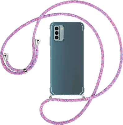 Produktbild von Handykette Backcover-Schutzhülle mit Band (Metall silberfarben) für Nokia G22 (6.5'') - lila/rosa/blau