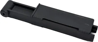 A black plastic end piece with a spring mechanism, shown from a diagonal angle against a white background.