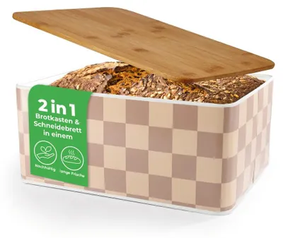 Productafbeelding van Lumaland broodtrommels met een trendy ruitpatroon, ongeveer 8 liter inhoud - met bamboe deksel