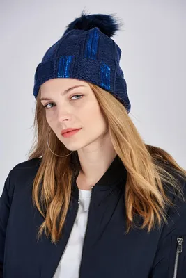 Produktbild von Damen Mütze Beanie Strickmütze Marineblau Wintermütze Warme Winter Pudelmütze N-254