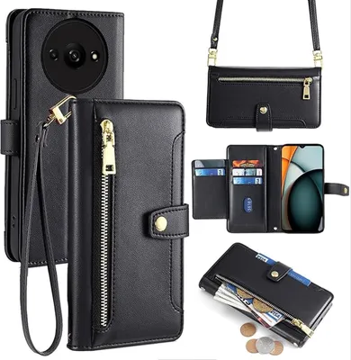 Produktbild von Handykette Xiaomi Hülle mit Band Handyhülle Kartenfächer Kunstleder Umhängetasche Redmi A3 Schwarz