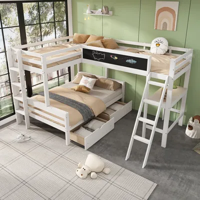 Produktbild von Flieks Etagenbett 90x200cm / 140x200cm für 3 Kinder, Hochbett mit Schreibtisch & 2 Schubladen, Kinderbett mit Tafel & Leiter, Stockbett Weiß