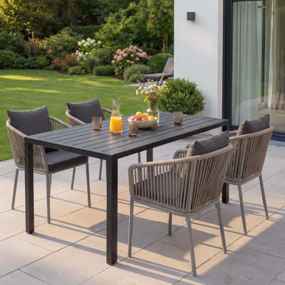 Produktbild von Gartengarnitur HWC-N41, Tisch+4xStuhl, wetterfest Alu 140x80cm, Seilgeflecht Rope grau, Kissen dunkelgrau