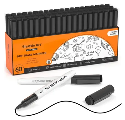 Produktbild von 60 schwarze Magnet-Whiteboard-Marker Set, feine Spitze & Radiergummi
