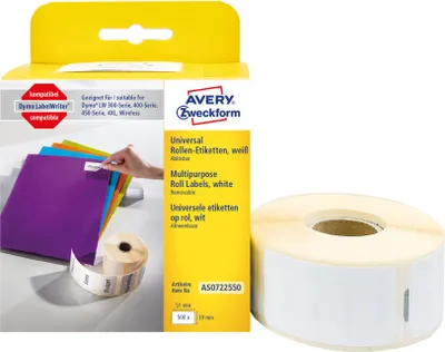Produktbild von Avery Zweckform AS0722550, Rollen-Etiketten, 19 x 51  mm, 500 Etiketten / 1 Rolle, weiß