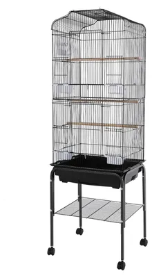 Image de Grande cage à oiseaux - Volière pour perruches et perroquets - Avec support et roulettes - Porte verrouillable - 47x37x137 cm - Noir