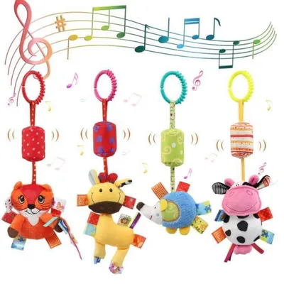 Produktbild von Baby Kinderwagen Spielzeug 4er Set Plüschtiere mit Glöckchen & Rassel für Kinderbett & Autositz