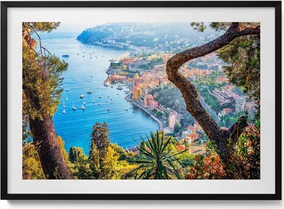 Produktbild von Dorf von Villefranche-sur-Mer– Wandbild mit Rahmen – Gerahmtes Bild  – Wanddekoration – 100x70 cm –  Schwarz Rahmen