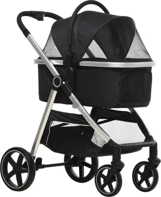 Produktbild von PawHut kočárek pro psy, kočárek pro psy 2 v 1, autosedačka, přepravní taška, kočárek pro kočky s polštářem do 15 kg, skládací kočárek pro malé psy s brzdami, síťované okénko, bezpečnostní vodítka, černá barva