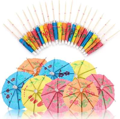 Imagen del producto de Decoración para cócteles: 10 cm. Palillos para cócteles, coloridos. Mini sombrillas para cócteles. Decoración para fiestas, bebidas, frutas, bares y aperitivos. Paquete de 50 unidades