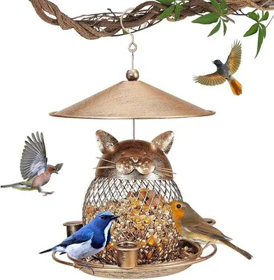 Image de Décoration métallique de nourriture pour oiseaux sauvages résistante aux écureuils à suspendre à l'extérieur - Jardin avec 3 gobelets d'eau - Idées de cadeaux pour les amateurs d'oiseaux