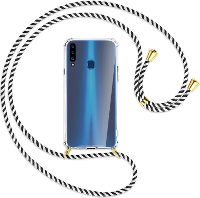 Produktbild von Handykette Backcover-Schutzhülle mit Band (Metall goldfarben) für Samsung Galaxy A20s - schwarz/weiß gestreift