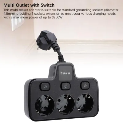 Image de Prise avec interrupteur indépendant, adaptateur multiprise, rallonge électrique avec prise de courant à 3 broches et interrupteur, noire