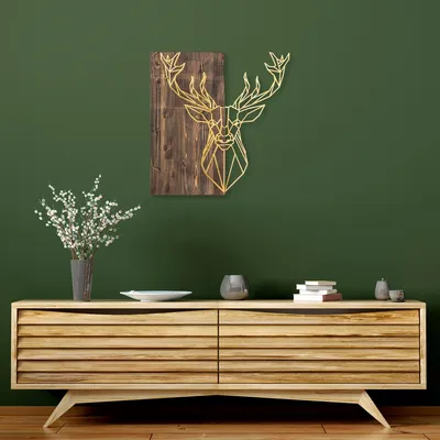 Obrázek produktu pro Wallity, Deer1- SKL2242, Ořech,Zlatá, Ostatní bytové dekorace, 56 x 58 cm, 50% dřevo (tloušťka: 3 cm) / 50% kov (tloušťka: 1