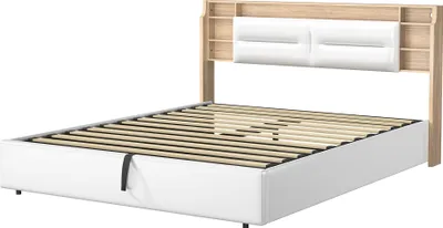 Zdjęcie produktu dla Łóżko tapicerowane Fortuna Lai 160x200cm podwójne łóżko z i Led, łóżko na sprężynach hydraulicznych z listwową ramą i zagłówkiem, łóżko do przechowywania funkcjonalne łóżko imitacja skóry , białe
