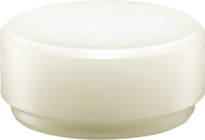 A white, round object with a slightly curved top and a stepped base, presented in a studio setting against a white background.