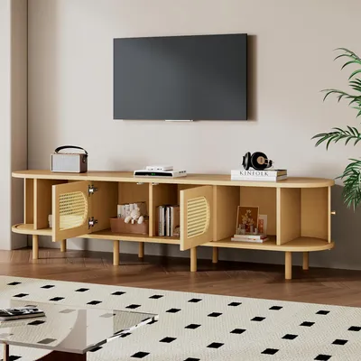 Produktbild von STILVORA TV-Schrank mit Rattan-Design und Schiebetüren, Lowboard mit zwei Schranktüren, Wohnzimmerschrank aus MDF für TV bis 75 Zoll, Holzfarbe
