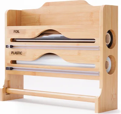 Produktbild von Relaxdays Wandrollenhalter 3 in 1, für Küchenrolle, Alufolie, Frischhaltefolie, Bambus, HxBxT: 27 x 35 x 9 cm, natur