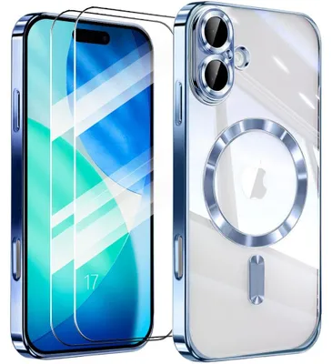 Image de Coque + 2 Verres Trempés pour iPhone 17, Protection TPU Transparent avec Cercle Magnétique Contour Bleu