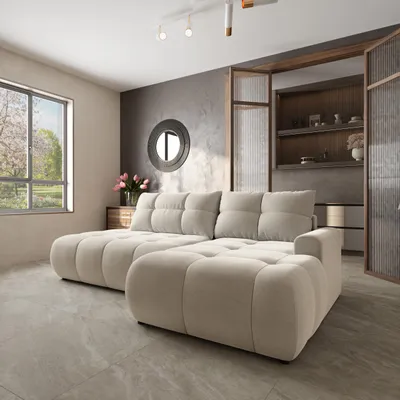 Produktbild von Masseno Ecksofa FLUMA CL R-S mit Schlaffunktion L-Form, Sofa mit Bettkasten, Wohnzimmersofa, Couch, Soffa, Bettsofa, Couchgarnitur- Creme, CASTEL 03