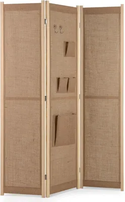 Imagen del producto de Panel divisor de ambientes de 4 paneles, 121x170 cm. Biombo con bolsillos de almacenamiento y ganchos. Separador de ambientes interior, pantalla plegable para salón, color natural