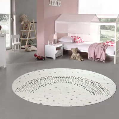 Zdjęcie produktu dla Dywanik do pokoju dziecięcego Efekt 3D tęcza kropek w kolorze kremowym Rozmiar - 120 cm Okrągły