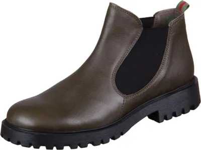 A single brown leather boot with a black sole is shown against a white background.