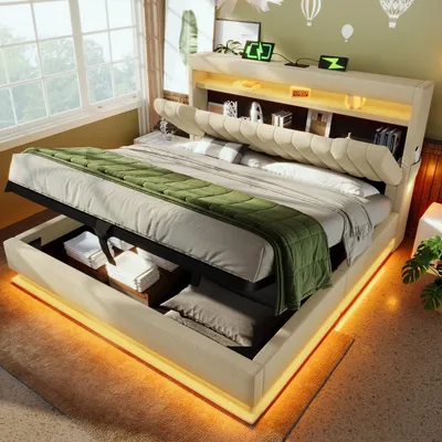 Produktbild von Polsterbett Beige 160x200 cm mit LED, USB/Type-C, hydraulischem Stauraum & Kopfteil, Leinen, ohne Matratze