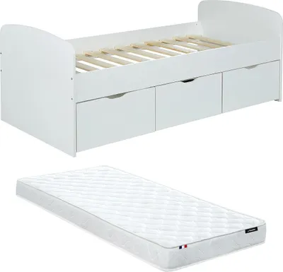 Produktbild von LOUANE Bett mit 2 Schubladen und 1 mit Bettkasten - 90 × 190 cm - weiß, mit Matratze