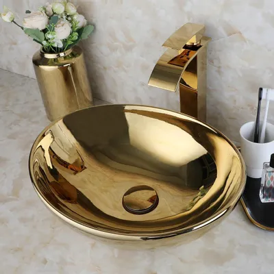 Ovale Keramik-Waschtisch 41,5x34,5 cm mit Hahn, Gold