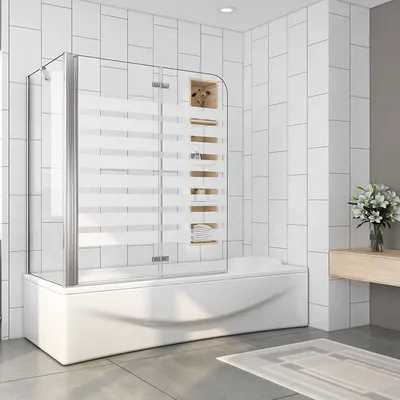 A modern bathroom with a bathtub and a glass shower enclosure.
