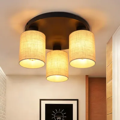 Produktbild von ZMH Deckenlampe Wohnzimmer Deckenleuchte Schwarz Schlafzimmerlampe Rund Flurlampe Vintage E27 3 Flammig Stoffschirm Rustikal Küche Ohne Leuchtmittel