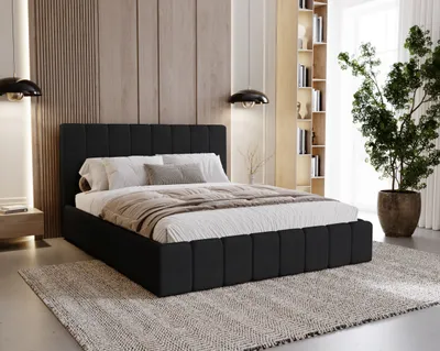 Image de BESILIO Lit double rembourré 200x200 Lexy - cadre métallique, coffre de lit, lit slim - noir