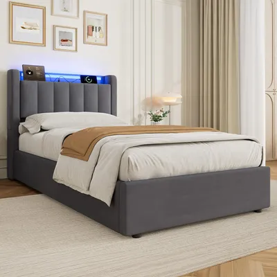 Produktbild von STILVORA Polsterbett 90x200cm Jugendbett mit Bettkasten und LED-Licht Stauraumbett mit abgerundeten Kanten und Steckdosen, Grau, ohne Matratze