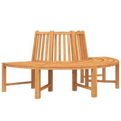 A wooden bench designed to fit around a tree trunk.