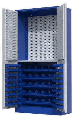 Produktbild von Povag Werkzeugschrank mit Lochwand und 102 Lagerkästen, 200x100x45 cm, Blau/Grau