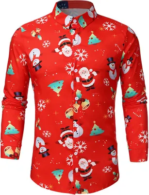 Produktbild von ASKSA Herren Funky Christmas Print Weihnachtsmann Hemd Langarm Button Up Freizeithemd,A-Rot,XL
