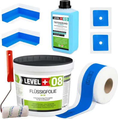 Zdjęcie produktu dla Zestaw do Hydroizolacji Folia w Płynie 5,5kg Taśma uszczelniająca 5mb Środek Gruntujący + Wałek malarski LEVEL+ SET291