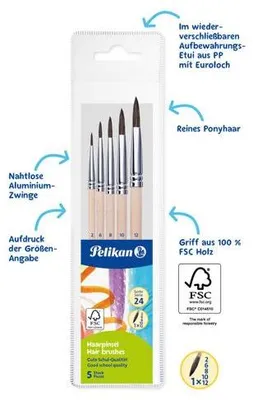 Zdjęcie produktu dla Pelikan 300008264 Pelikan Starter-Set Haarpinsel Größe 2, 6, 8, 10, 12, 5-teilig