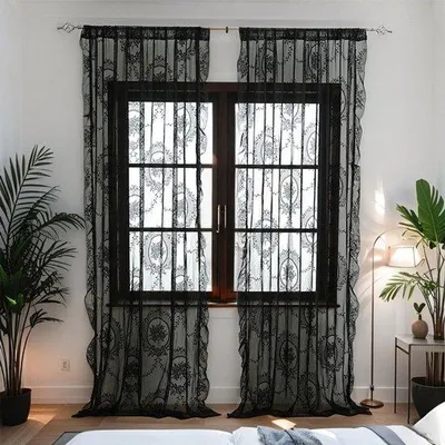 Immagine prodotto di Tende a cordoncino vintage in due pezzi, motivo floreale con volant, nero, 140x260 cm
