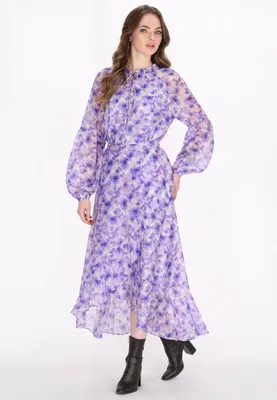 Produktbild von Lockere lila Damen Bluse mit Blumenmuster, Rüschenkragen und Laternenärmeln, Größe M