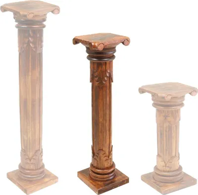 Three wooden pedestals of varying opacity and size against a white background.
