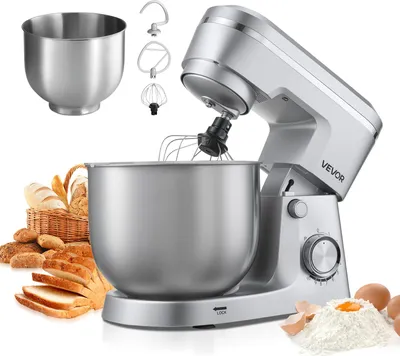 A silver VEVOR stand mixer is shown with its accessories and baking ingredients.
